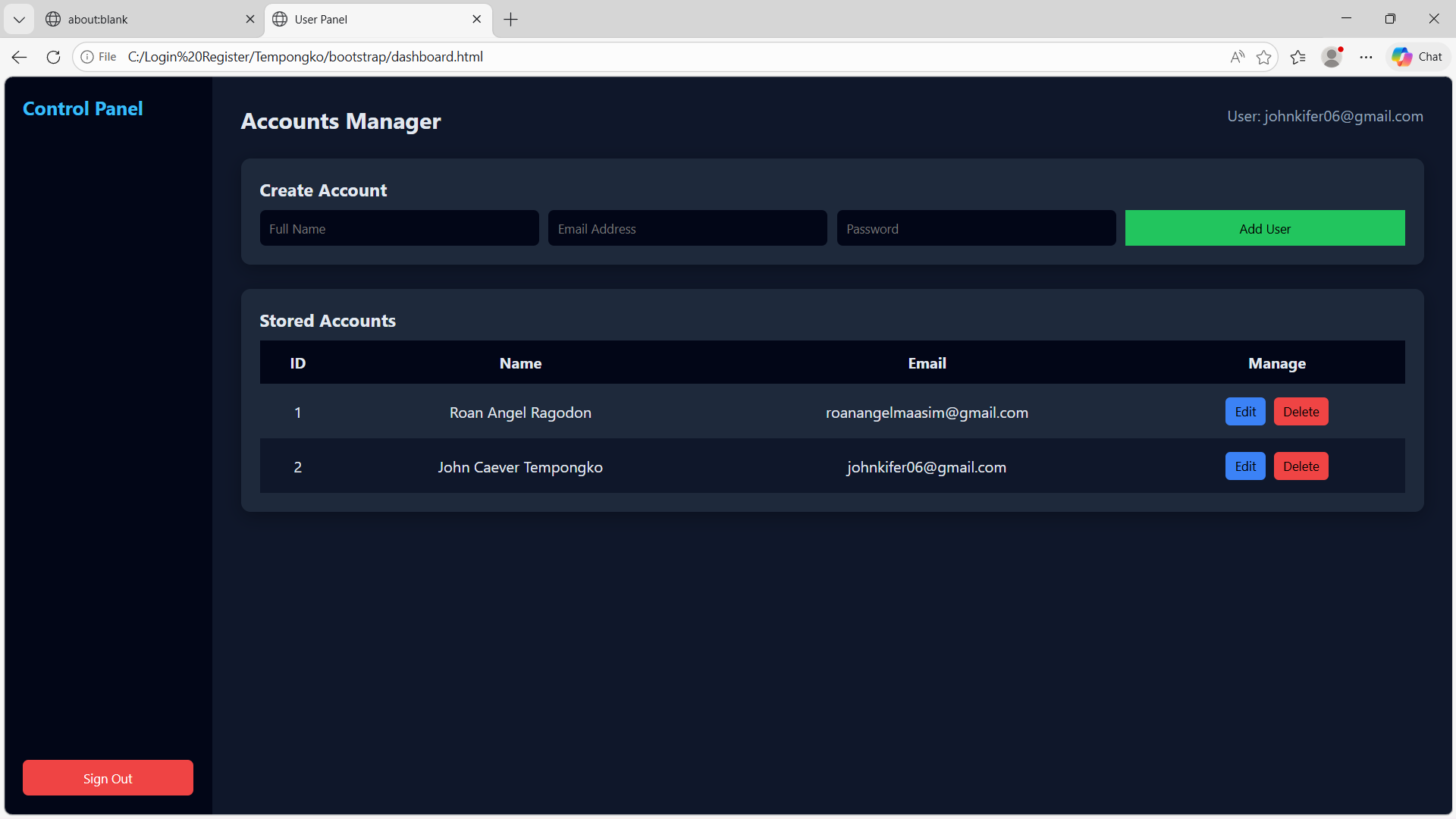 Login/Register/Dashboard