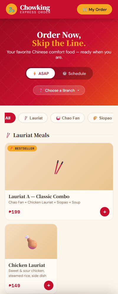 Chowking Express – Food Ordering UI/UX System (Order Ahead, Cart Drawer, Pickup Flow)
