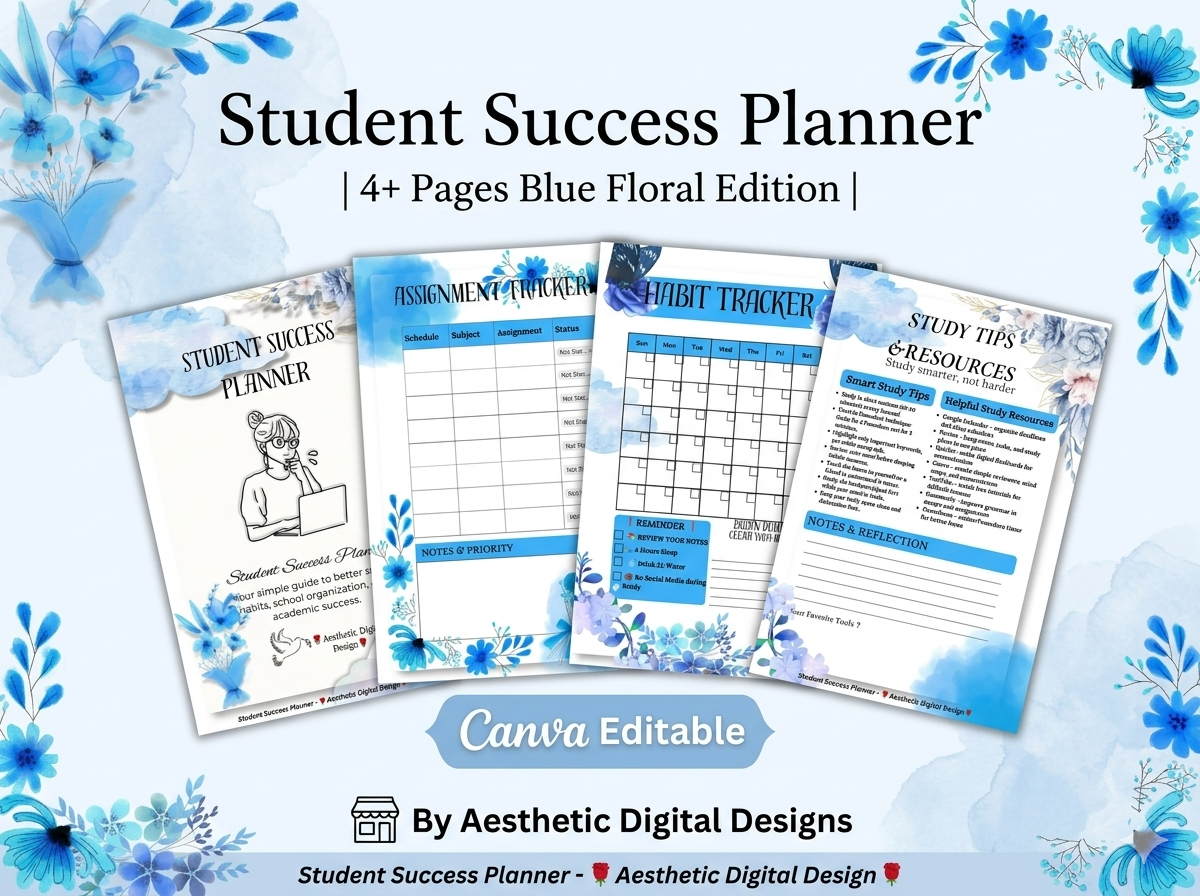 Student Success Planner | 4+ Pages Blue Floral Edition | Canva Editable Template